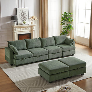 English Elm 113.5'' Modular Sectional Sofa with Storage Ottoman, Convertible U or L Shape Sleeper for 6 Seats Green W834S00251