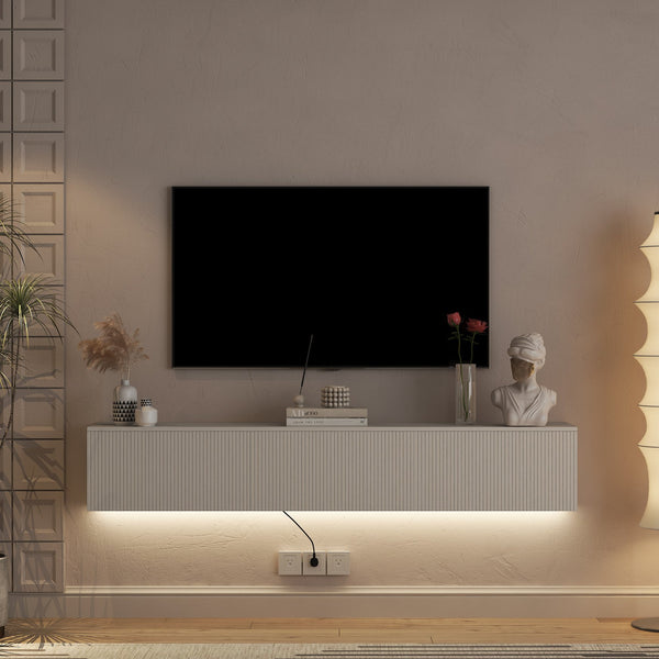 English Elm Floating TV Stand Wall Mounted with 16-Color LED Accent Lights, Modern 69" Floating Cabinet with Ample Storage and Sturdy MDF Build White 74.8 L x 21.46 W x 5.51 H W1321P292557