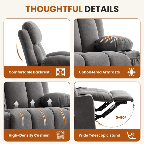 English Elm Swivel Rocker Recliner with Massage Heat and Usb Port for Living Room Comfort W1521P429639