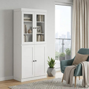 72 Inch Solid White Wood Six Shelf Bookcase with Adjustable Shelving and Cabinet Doors