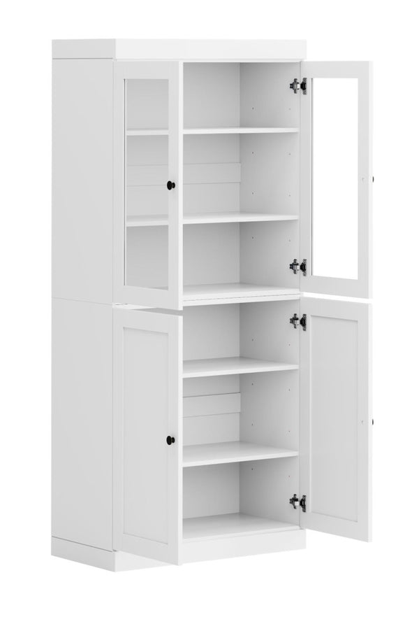 72 Inch Solid White Wood Six Shelf Bookcase with Adjustable Shelving and Cabinet Doors