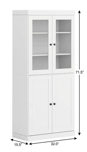 72 Inch Solid White Wood Six Shelf Bookcase with Adjustable Shelving and Cabinet Doors