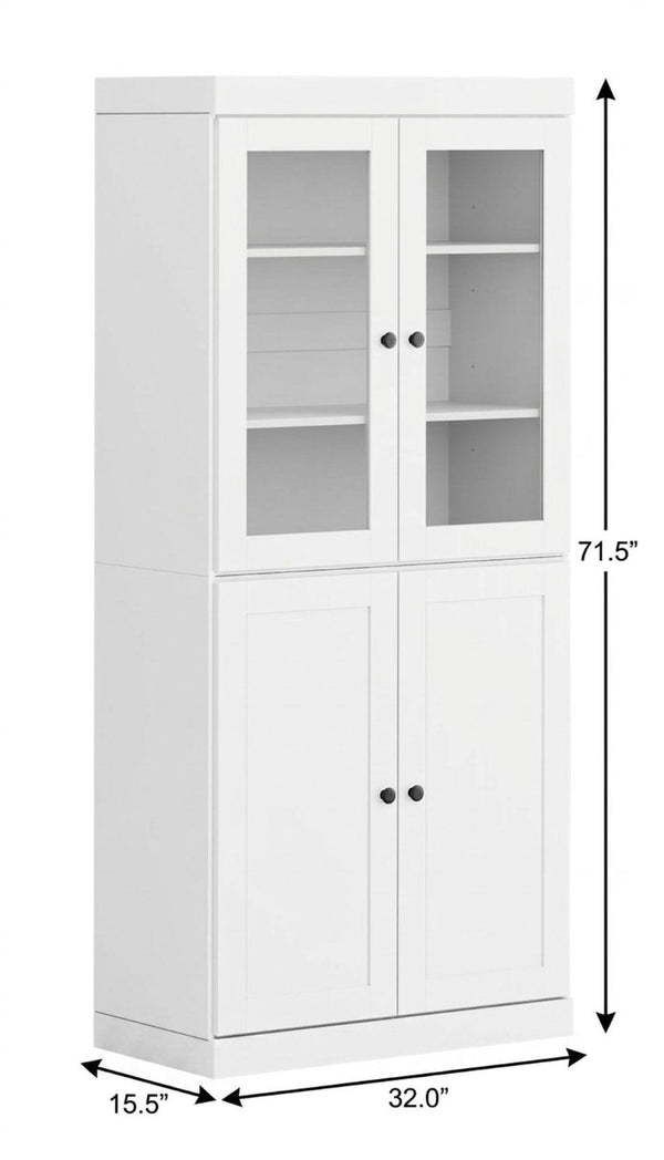 72 Inch Solid White Wood Six Shelf Bookcase with Adjustable Shelving and Cabinet Doors