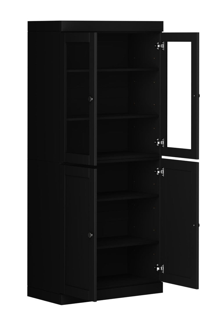 HomeRoots 72 Inch Solid Wood Six Shelf Adjustable Bookcase with Four Cabinet Doors in Black 751508