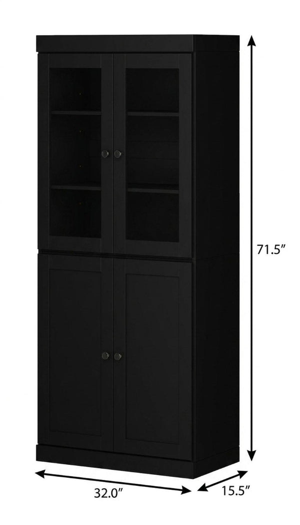 72 Inch Solid Wood Six Shelf Adjustable Bookcase with Four Cabinet Doors in Black