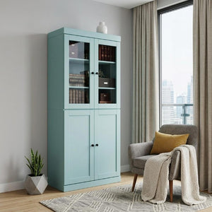 72 Inch Solid Wood Six Shelf Adjustable Bookcase with Four Cabinet Doors in Aqua
