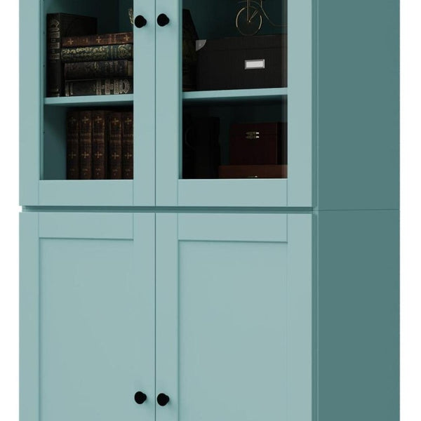 72 Inch Solid Wood Six Shelf Adjustable Bookcase with Four Cabinet Doors in Aqua