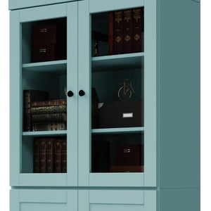 72 Inch Solid Wood Six Shelf Adjustable Bookcase with Four Cabinet Doors in Aqua