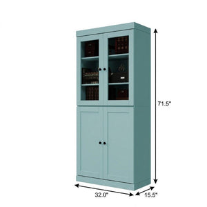 72 Inch Solid Wood Six Shelf Adjustable Bookcase with Four Cabinet Doors in Aqua