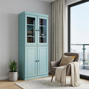 72 Inch Solid Wood Six Shelf Adjustable Bookcase with Four Cabinet Doors Aqua Finish