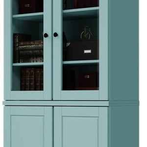 72 Inch Solid Wood Six Shelf Adjustable Bookcase with Four Cabinet Doors Aqua Finish
