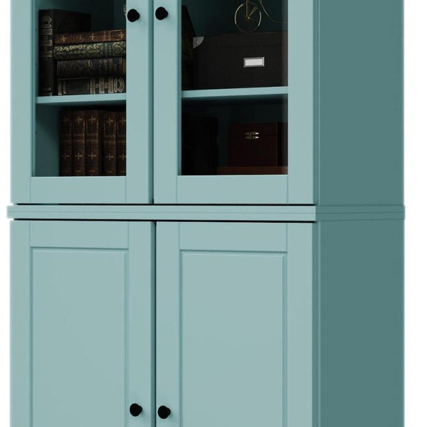 72 Inch Solid Wood Six Shelf Adjustable Bookcase with Four Cabinet Doors Aqua Finish