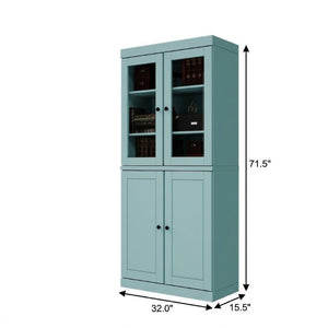 72 Inch Solid Wood Six Shelf Adjustable Bookcase with Four Cabinet Doors Aqua Finish