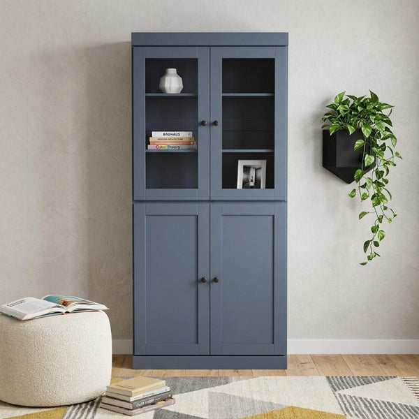 72 Inch Solid Wood Six Shelf Library Bookcase with Four Cabinet Doors in French Blue