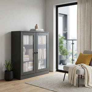36 Inch Solid Wood Three Tier Adjustable Bookcase with Cabinet Doors for Home Library Storage