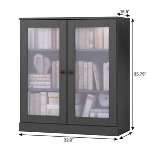 36 Inch Solid Wood Three Tier Adjustable Bookcase with Cabinet Doors for Home Library Storage