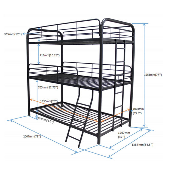 English Elm Furniture Triple Bunk Bed Black - Heavy Duty Steel Twin/Twin/Twin, Quiet Sturdy Frame, Safe Stairs W2297S00012