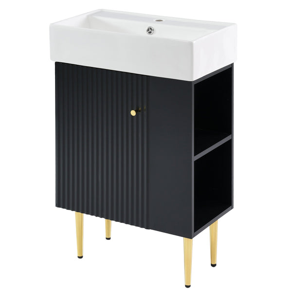 English Elm 21.6" Black Modern Bathroom Vanity with Ceramic Sink, Right Side Storage, Gold Legs & Soft-Close Doors SV000006AAB