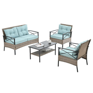 English Elm Patio Four-Piece Wicker Furniture Set - Stylish Outdoor Seating With Plush Cushions & Metal Table W1703S00031-GIGA