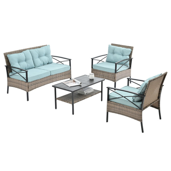 English Elm Patio Four-Piece Wicker Furniture Set - Stylish Outdoor Seating With Plush Cushions & Metal Table W1703S00031-GIGA