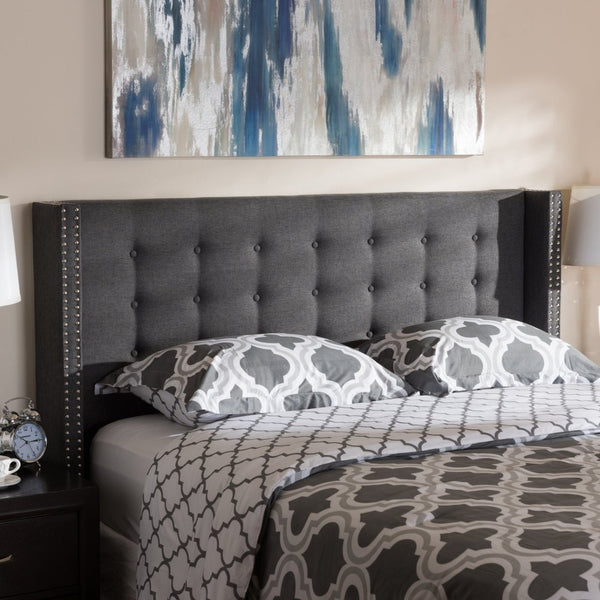 Baxton Studio Baxton Studio Ginaro Modern Winged Headboard with Button-Tufting & Nailhead Trim in Dark Grey Fabric Queen BBT6627-Dark Grey-Queen HB