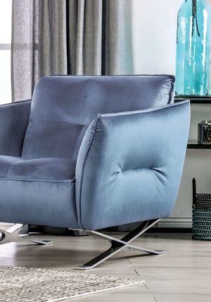 English Elm Contemporary Mezzanotte Italian Leather Armchair with Track Arms, Welted Box Cushions & Metal Legs Light Blue 36 L x 37 W x 28 H B2741S00591