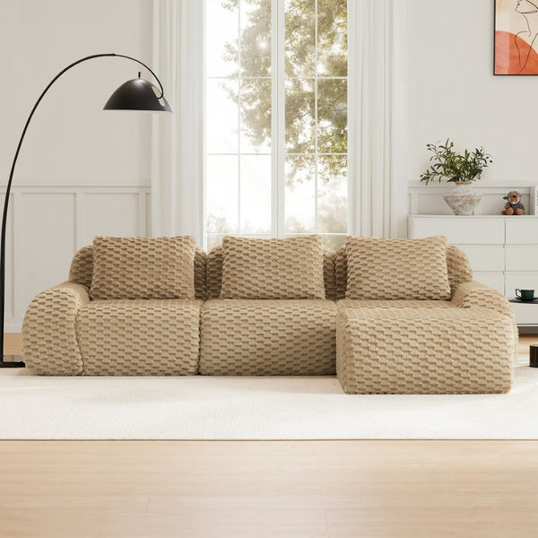 English Elm 114" Modular L-shaped Sectional Flannelette Sofa with Ottoman for Spacious Living Rooms Light Camel W714S01512