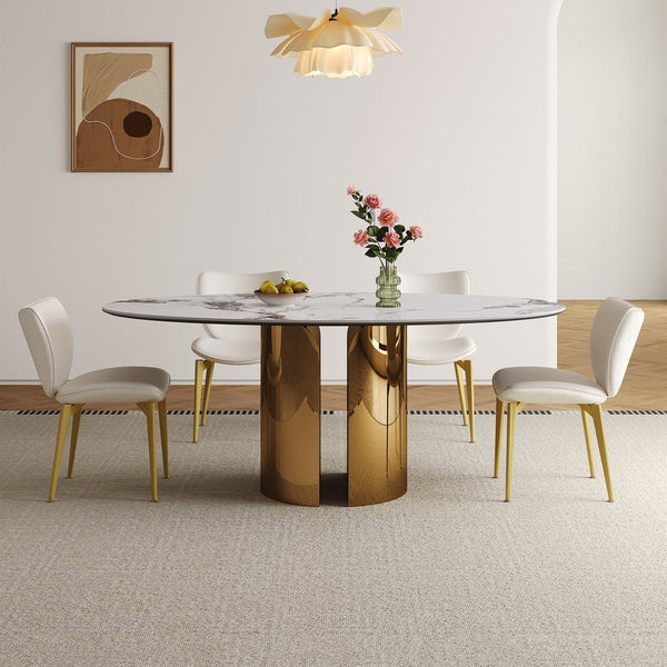 English Elm 70.9-Inch Sintered Stone Oval Dining Table With Copper Base – Modern, Sturdy, Family-Friendly Design! W509S00150
