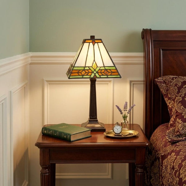 14 Inch Bronze Tiffany Style Stained Glass Table Lamp with Geometric Square Shade