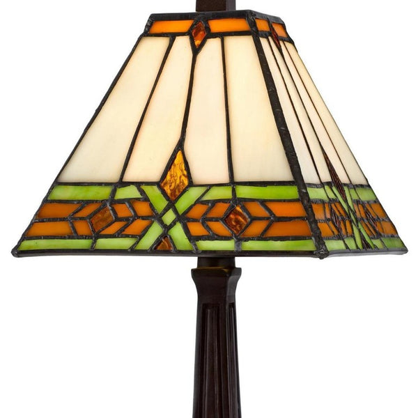HomeRoots 14 Inch Bronze Tiffany Style Stained Glass Table Lamp with Geometric Square Shade 751904
