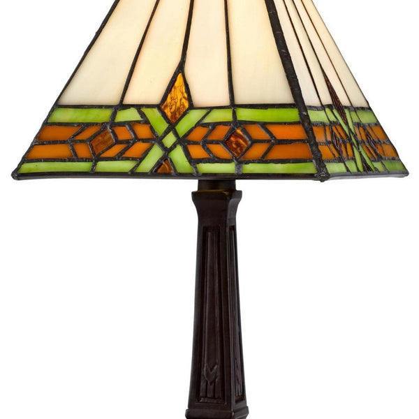 14 Inch Bronze Tiffany Style Stained Glass Table Lamp with Geometric Square Shade