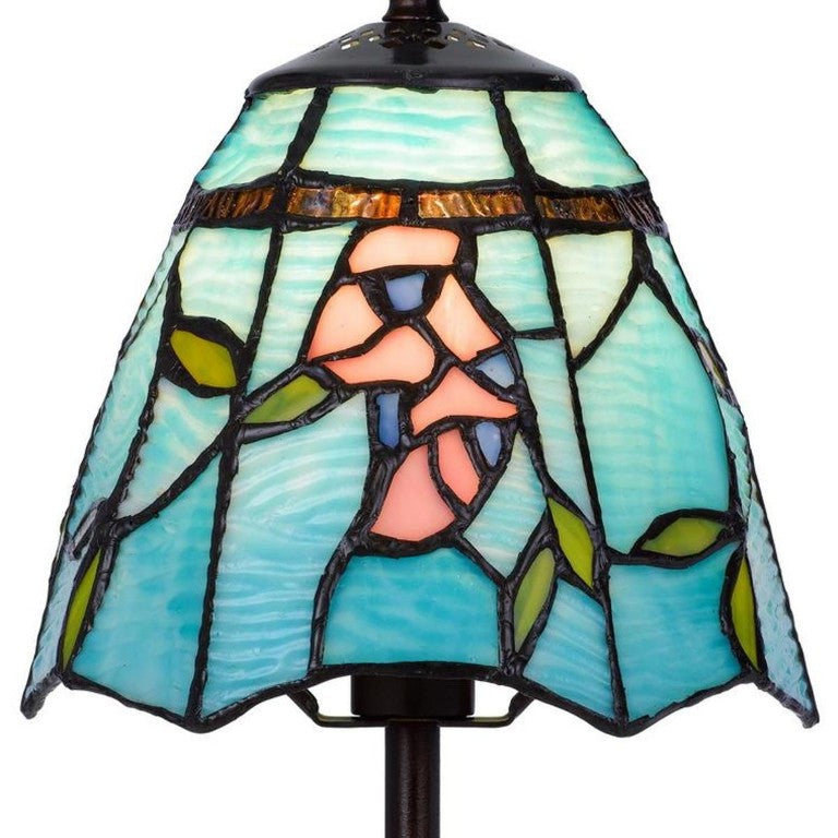 HomeRoots 13 Inch Bronze Tiffany Style Stained Glass Cone Shade Floral Accent Table Lamp 751906
