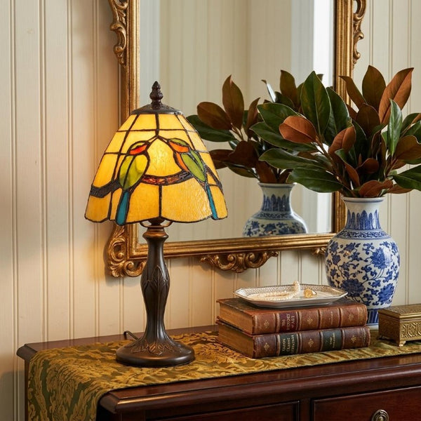13 Inch Tiffany Style Stained Glass Table Lamp with Bronze Birds Cone Shade Decor