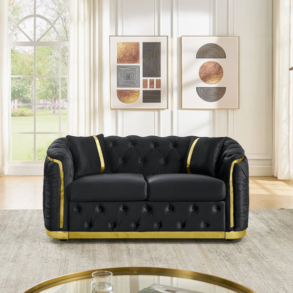 English Elm 62.6 Inch Chesterfield Velvet Loveseat with Gold Steel Trim Button Tufted Luxury Seating Black W1191S00090