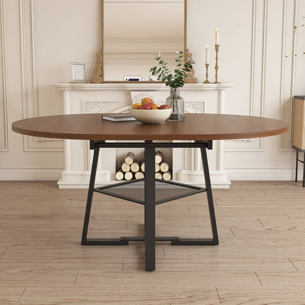 English Elm 47 Inch Extendable Round Dining Table Walnut Finish Seats 8 with Wire Grid Shelf W2700P385520