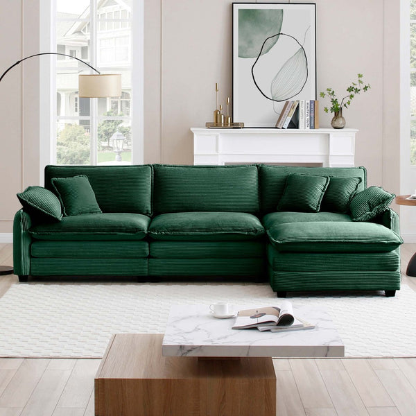 English Elm Oversize L-Shaped 3-Seater Sectional Sofa In Green Corduroy With Ottoman For Stylish Living Spaces W714S00737-GIGA