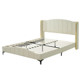 English Elm Queen Size Pu Leather Upholstered Platform Bed, Headboard With Wingback and Metal Bar Accents, No Box Spring Required, Beige