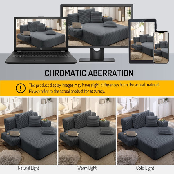 English Elm Luxurious Corduroy Convertible Chaise Lounge Sofa Bed with Foam Support for Apartments Dark Gray W3219P449014
