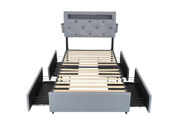 English Elm Twin Upholstered Bed Frame with Headboard, 4 Storage Drawers, USB Ports, RGB LED Mood Lighting W1960P175563
