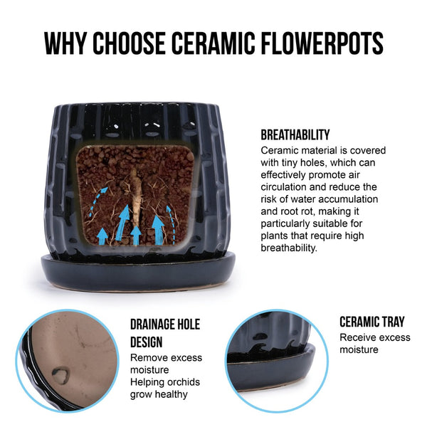 English Elm Set Of 2 Ceramic Flowerpots - 7" Modern Black Planters For Stylish Patio, Garden & Windowsill Decor W3273P322303-GIGA