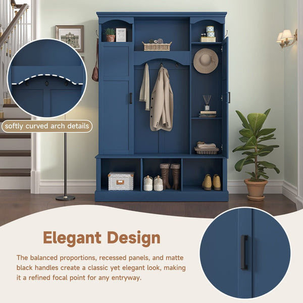 English Elm On-trend Farmhouse Hall Tree with Dual Cabinets Seven Hooks and Arched Entryway Storage Blue N721S000078C