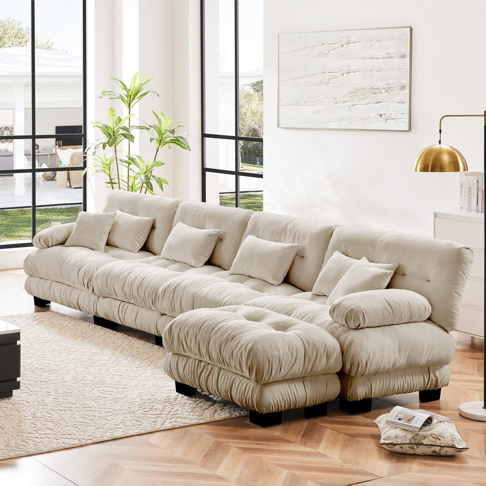English Elm Free Modular Sectional Sofa - L-Shaped 4-Seater Couch In Light Coffee Chenille With Ottoman & Comfort W714S01032