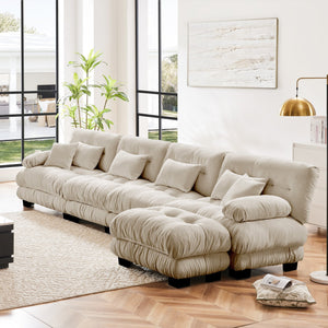English Elm Free Modular Sectional Sofa - L-Shaped 4-Seater Couch In Light Coffee Chenille With Ottoman & Comfort W714S01032