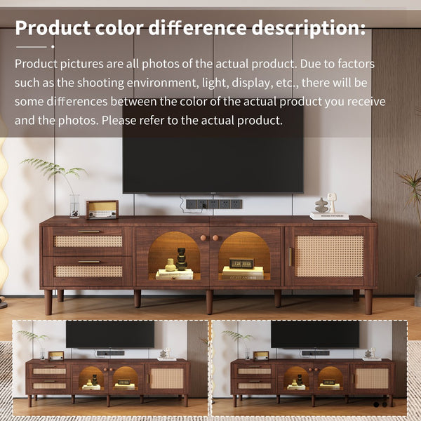 English Elm Rattan Modern TV Stand with 3 Cabinets & 2 Rattan Drawers, LED Light, Cable Management, 80" Capacity, Waterproof MDF Surface WF324225AAP