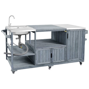 English Elm K&k Solid Fir Outdoor Kitchen Island with Sink Stainless Steel Top and Grill Cutout Grey+Blue N707S000022G