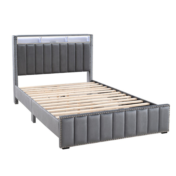 English Elm Beautiful Upholstered Full Bed with Led Lighting Storage Shelves and Channel Tufted Headboard Dark Gray B2741S00772
