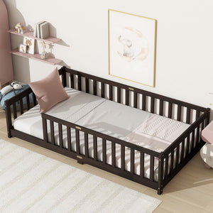 English Elm Twin Low Profile Rubberwood Floor Bed with Full Safety Fence for Toddler Rooms Espresso W504P429337