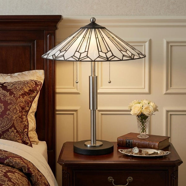 23 Inch Round Tiffany Style Table Lamp with Empire Shade in Black Abstract Art Glass