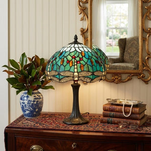 20 Inch Tiffany Style Stained Glass Dragonfly Table Lamp with Bronze Dome Shade