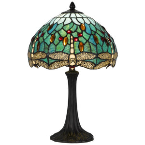 HomeRoots 20 Inch Tiffany Style Stained Glass Dragonfly Table Lamp with Bronze Dome Shade 752016